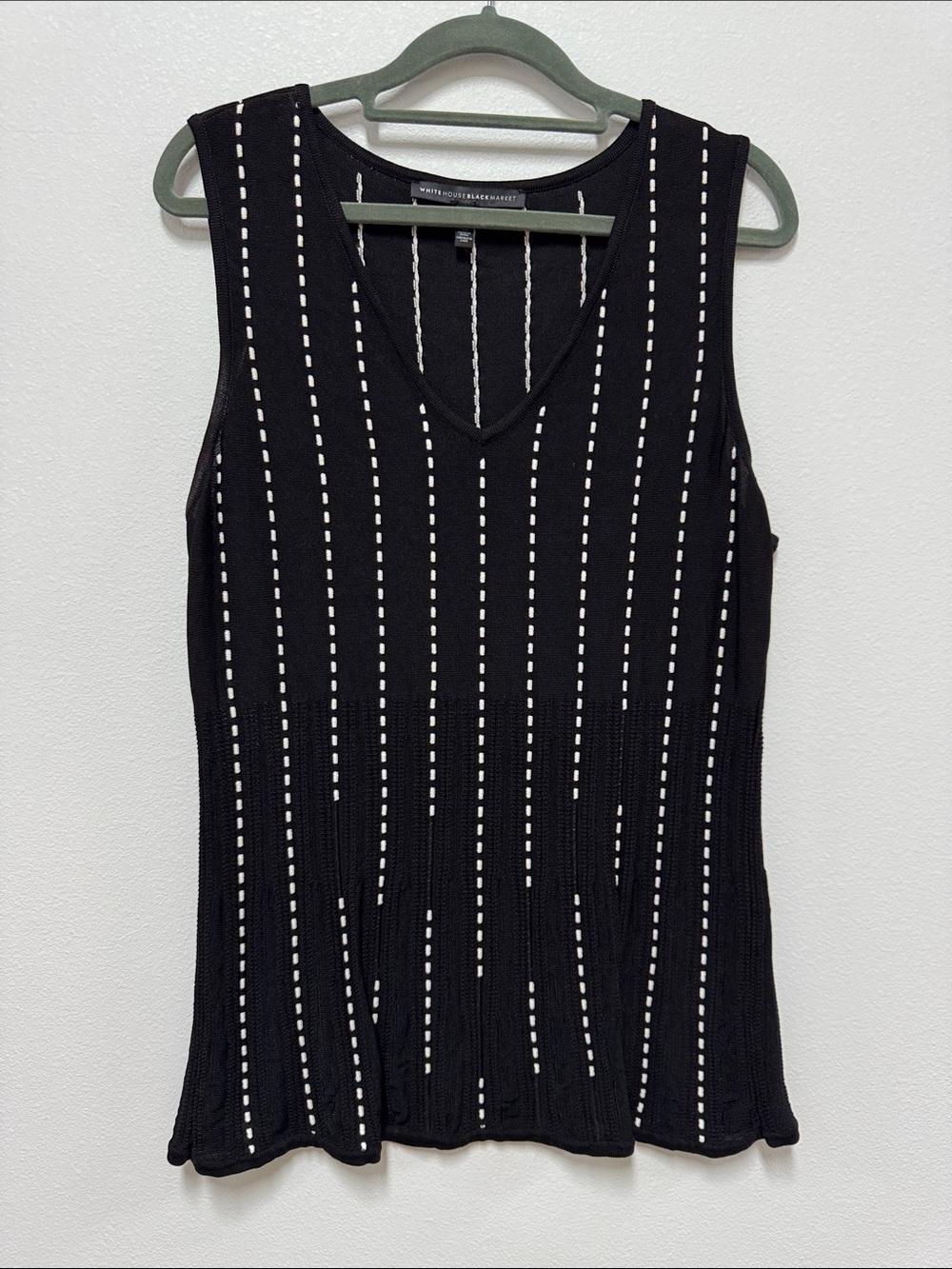 White House Black Market Black Knit V-Neck Tank with White Vertical Stitching